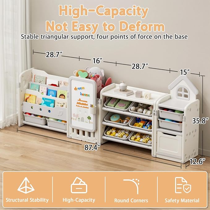 Kids Toy Storage Organizer with 10 Removable Bins, Foldable Toy Organizers and Storage with 3-Tier Bookshelf for Kids Toy Storage Organizer with Drawing Board, Extra 3 Brushes (4 In 1 Off-white) - Image 2