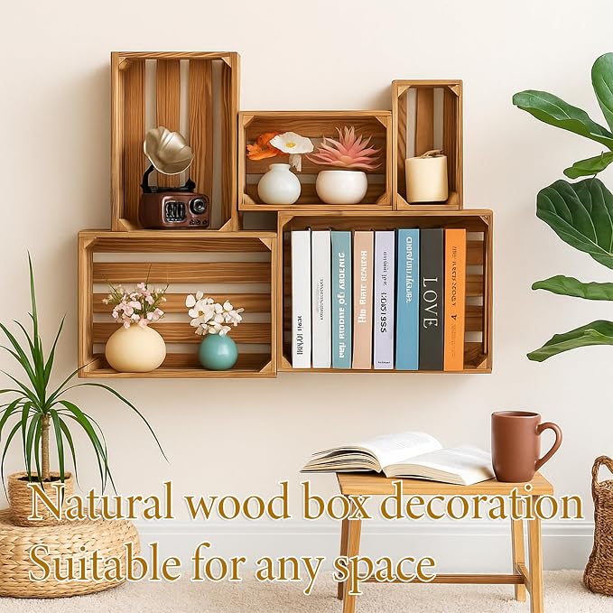 5 Pcs Decorative Nesting Wooden Crates for Storage Display Rustic, Large Torched Wood Storage Crates, Large Farmhouse Wooden Basket with Handle for Storages Container and Decorations, 5 Size - Image 5