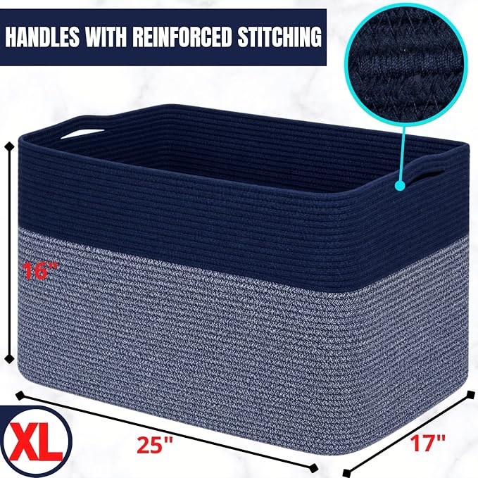 112L Extra Large Blanket Basket Holder Living Room, 25"x17"x16" Rectangle Rope Woven Storage Basket with Handles for Laundry, Towels, Shoes, Dog Toy Organizer Bin Box, Navy Blue - Image 3