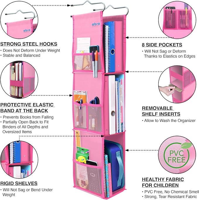 ABRA® 3 Shelf Hanging Locker Organizer for School, Gym, Work, Storage | Deep Shelves 6”x 9”| Eco-Friendly Fabric Healthy for Children | Adjustable School Locker Shelf 3 to 2 Shelves (Pink) - Image 4