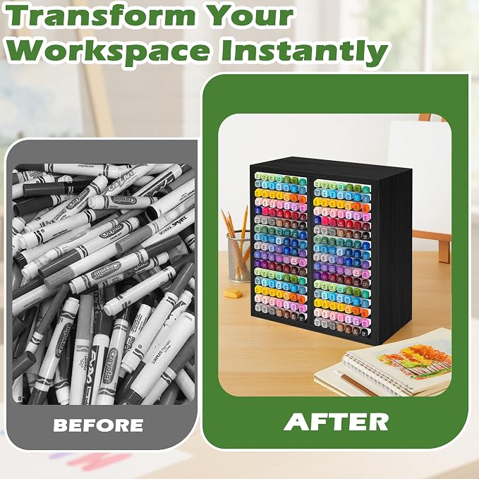 PROLEE Marker Organizer for 224 Markers, Wooden Alcohol Marker Holder with 32 Compartments, Horizontal Art Pen and Pencil Storage Rack for Desk, Classroom and Studio, Black - Image 5