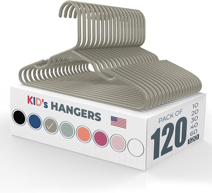 Plastic 12” Kids Hangers 100+ Pack (120 Count) – Made in The USA – 5lb Capacity Baby & Toddler Clothes Hangers with Notches & Reinforced Edges – Fits Children’s Sizes Up to 8 – Gray by NeatiesHangers