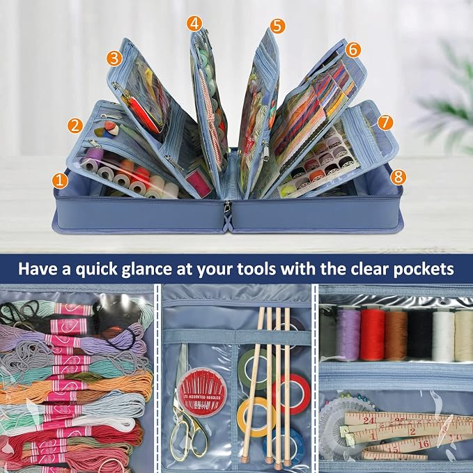 FINPAC Sewing and Craft Supplies Storage Tote Bag with Clear Pockets | Large Art Organizer Caddy Travel Packing Shoulder Bag for Knitting, Sewing Accessories, Blooming Hibiscus - Image 2