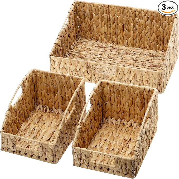 GRANNY SAYS Wicker Storage Basket, Wicker Basket with Handles, Trapezoid Woven Baskets for Shelves, Decorative Baskets for Home Decor, Water Hyacinth, 3 Pack by GRANNYSAYS