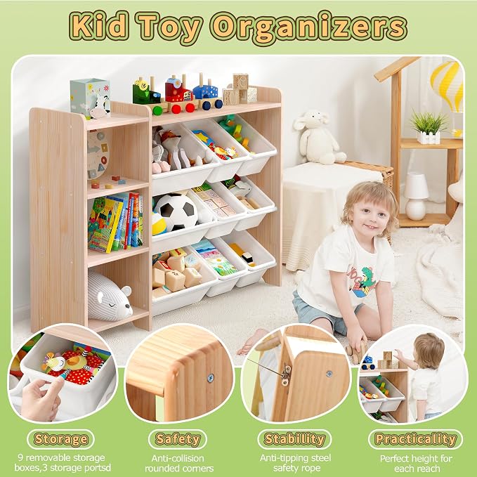 MallBest Kids Toy Storage Organizer with Bins, Solid Pine Wood Frame Toy Storage Cabinet and Kids Bookshelf, 3-Tier Playroom Organizer for Kids Room, Nursery and Bedroom, Natural - Image 5