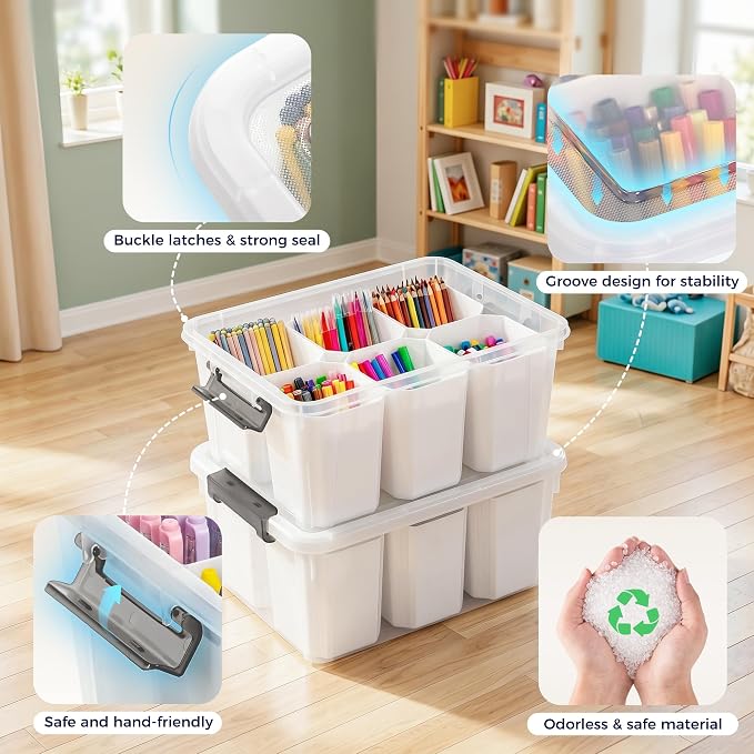 17QT 2Packs Clear Marker Organizer – 6 Detachable Inserts, Stackable Craft Organizers and Storage, Art Supply Organizer for Markers, Crayon, Pencils, Pens and Craft Supplies - Image 5