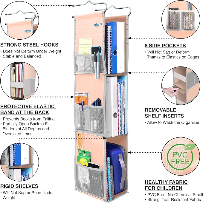 ABRA® 3 Shelf Hanging Locker Organizer for School, Gym, Work, Storage | Deep Shelves 6”x 9”| Eco-Friendly Fabric Healthy for Children | Adjustable School Locker Shelf 3 to 2 (Cozy Peach/Grey) - Image 4