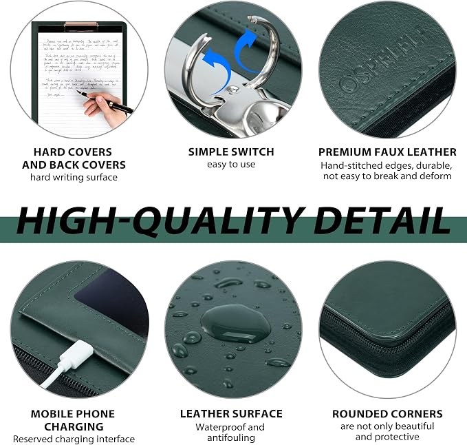 Ospelelf Leather Clipboard with Storage, Zippered Padfolio Portfolio Organizer, 3 Ring Binder 1 Inch, Notepad, Tablet Sleeve, 5 Dividers with Pocket for Office, Nurses,Students, Teachers Green - Image 5