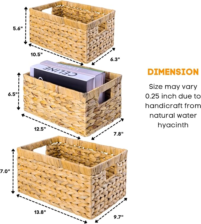 M4DECOR Set of 6 Rectangular Wicker Storage Baskets for Shelves | Water Hyacinth Storage Baskets, Pantry Baskets for Organizing, Handwoven Wicker Baskets for Storage - Image 2