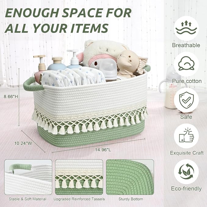 2 Pack Storage Basket, Heavy Tassel Woven Baskets for Storage, Boho Cotton Rope Storage Bin, Cube Organizer Bins, Baby Laundry Basket for Clothes, Toys, Diapers, Pets（White & Green） - Image 3