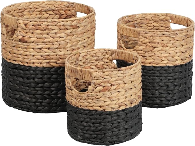 happimess Avery 3-Piece Cylinder Nesting Baskets 13", Black/Natural | Hyacinth, Bohemian Cottage Style, Handwoven Wicker, Iron Metal Frame, Decorative Storage For Toys And Books, Built In Handles by Happimess