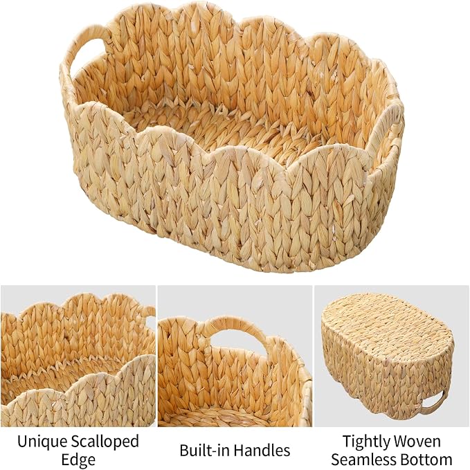 Coeusy Scalloped Basket Set of 2,Water Hyacinth Basket for Organizing and Decor,Hand-Woven Wicker Storage Baskets with Built-In Handles for Nursery,Gift - Image 9