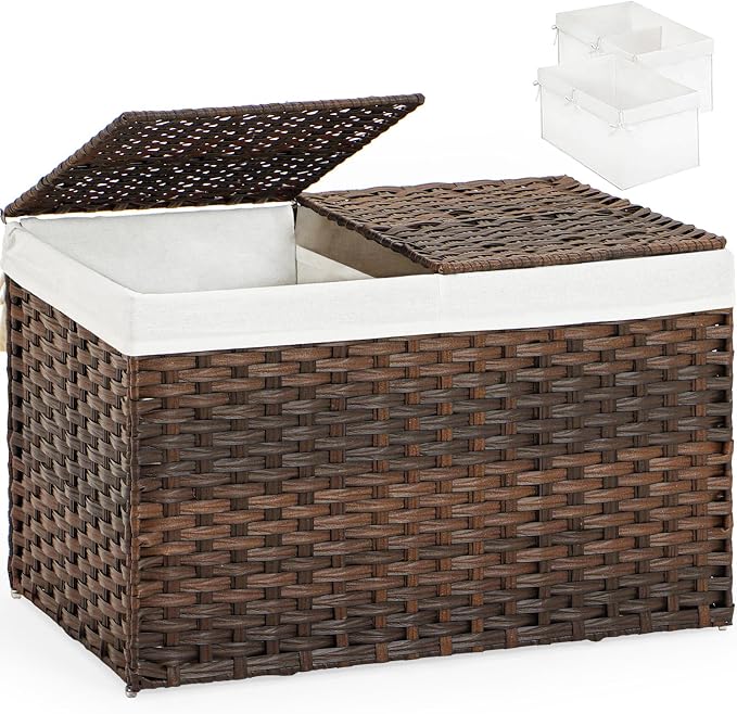 SETVSON Storage Basket with Lid Wicker Baskets for Storage, 160L Brown | 42.3 Gallon Storage Bin with 2 Separate Lids, 2 Removable Liners for Clothes & Blankets, Sturdy Metal Frame, PE Rattan by SETVSON