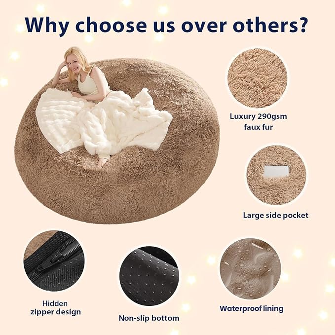 Fluffy Bean Bag for Stuffed Animals Storage, Faux Fur Washable Bean Bag Chair Cover(No Filler) for Textile Plush Toys, Beanbag Chair Cover for Adults Kids Teens, 5FT, Khaki - Image 4