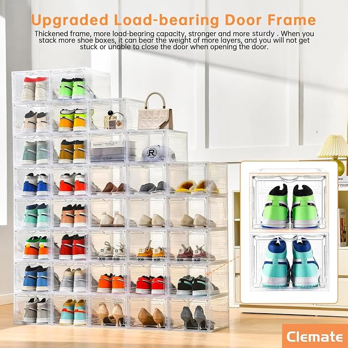 Clemate Upgraded X-Large Shoe Organizer,Shoe Storage Organizer,12 Pack,Shoe Box Clear Plastic Stackable,Drop Front Shoe Box with Clear Door, Shoe Containers For Sneaker Display,Fit up to US Size12 - Image 3