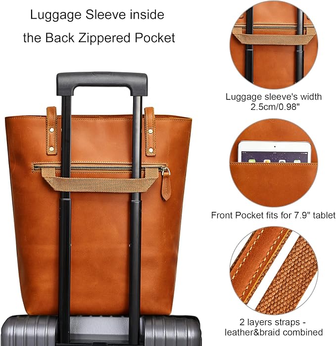 S-ZONE Leather Tote Bag for Women Work Handbag with Luggage Sleeve | Top Grain Genuine Leather, Padded Laptop Compartment, Multi Pockets, Large Retro Purse, Travel Everyday - Image 5