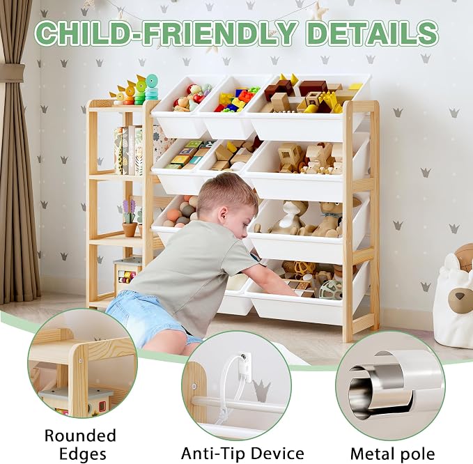 MallBest Toy Storage Organizer with Bookshelf, Kids Wooden Shelf with 12 Removable Bins for Books, Toys, Playroom, Nursery, Bedroom, Natural, Medium - Image 5