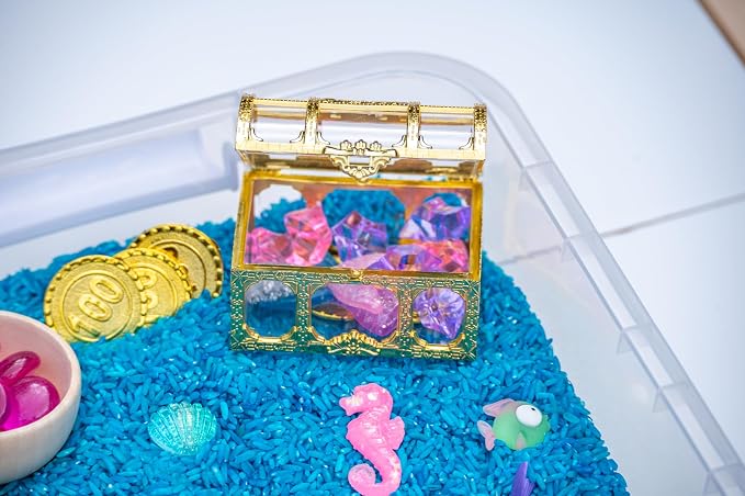 Mermaid Sensory Bin Kit for Kids | Blue Rice, Pinto Beans, Mermaids, Gems, Shells & Treasure Chest – Ocean-Themed Sensory Play with Storage Bin - Image 3