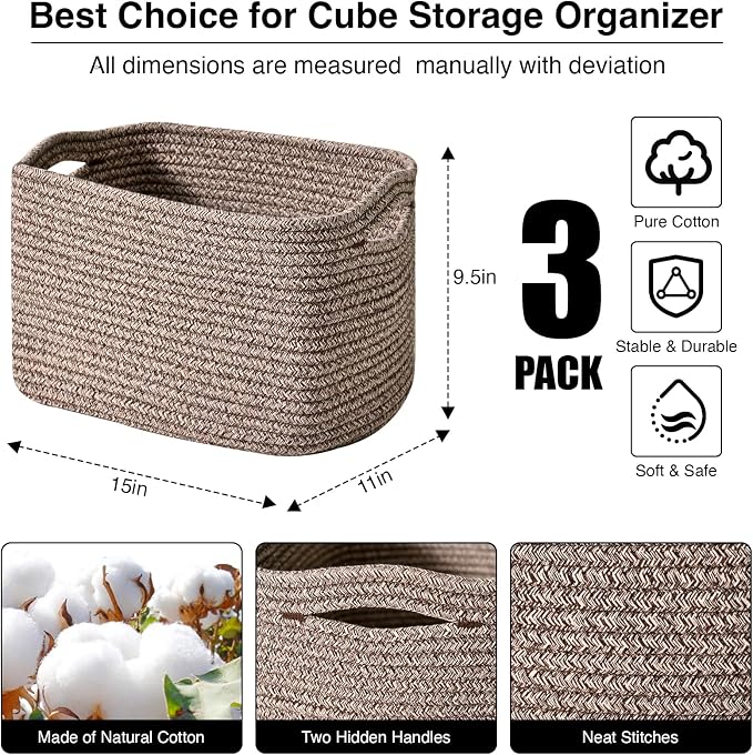 ICERZCZ Storage Baskets for Organizing Shelves, Woven Cotton Rope Bins for Baby Nursery Organization, Book Toy Towel Organizer, 15"x11"x9.5", 3 Packs, Dark Brown - Image 3