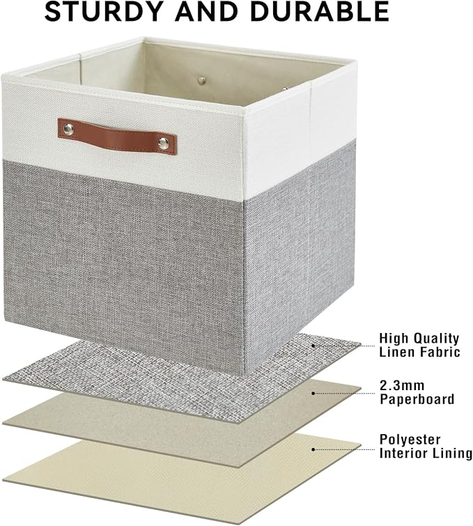 Collapsible Fabric Storage Cube Bins with 2 Reinforced PU Handles, Foldable Storage Organizer Baskets for Closet, Shelves, Living Room | 11"x11"x11", 4 Pack, Gray & White - Image 3