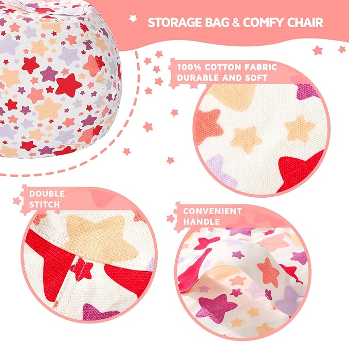 WEKAPO Stuffed Animal Storage Bean Bag Chair Cover for Kids | Stuffable Zipper Beanbag for Organizing Children Plush Toys Large Premium Cotton Canvas (Large Star, X-Large) - Image 3