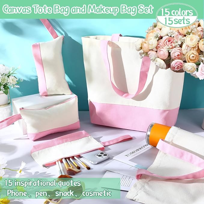 Sanwuta 30 Pcs Canvas Tote Bags Bulk with Zipper Cosmetic Pouch,Pink | 18.5" Reusable Cotton Shopping Bag with Handle for DIY Craft - Image 7