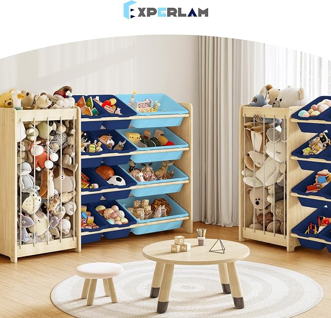 EXPERLAM Kids Toy Storage Organizer, 2-in-1 Stuffed Animal Storage & Toy Organizer w/12 Bins, Solid Wood Toy Rack Featuring Thicker Elastic Ropes, Playroom Nursery Bedroom Storage, Blue - Image 7