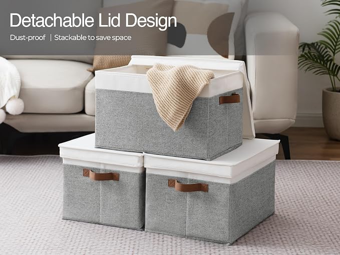 StorageWorks Fabric Storage Bins with Lids, Closet Storage Bins | Lidded Dust-proof, Easy Pull Handles, Foldable, Stackable, Ideal for Clothes Blanket Towel, Jumbo, Gray and White, 3-Pack - Image 5
