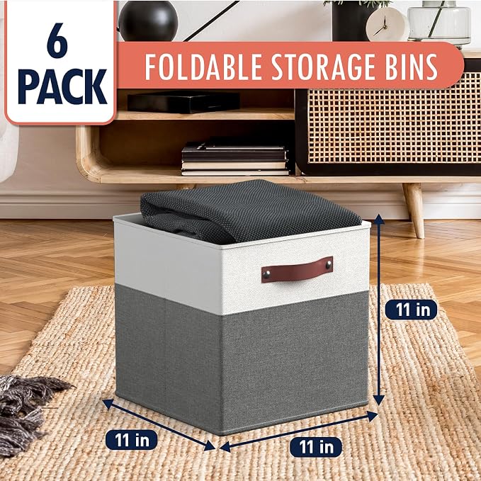 Ornavo Home 11x11 Foldable Fabric Storage Cube Bins, 6 Pack, White/Gray | Collapsible Linen Shelf Basket Organizer; Leather Handles; Ideal Cube Storage For Closet - Image 7
