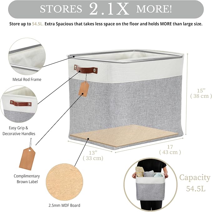 DECOMOMO Extra Large Storage Baskets, 54.5L Fabric Storage Bins 3 Pack | XXXL Storage Baskets for Shelves, Linen Closet Organizers (Grey and White, 17" x 13" x 15") - Image 3