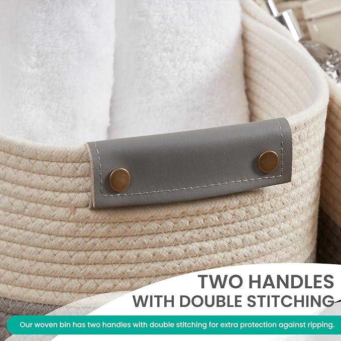 3 Pack Woven Cotton Rope Storage Basket, 15x10x9, White/Gray | Faux Leather Handles; Decorative Closet Shelf Organizer; Ideal for Storage & Organization - Image 7