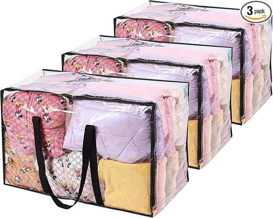 3 Pack Clear Storage Bags 110L Over-Sized Clothes Bags with Double Zippers Sturdy Handles Tote Moving Bags for Duvet, Comforters and Blankets Organizer | Plastic Storage Bag, Foldable Closet Organizer, For Comforter Blanket Bedding Duvet Toys, Moving Bags by Vieshful