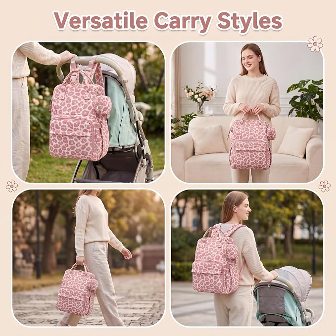 Baby Diaper Bag Backpacks for Mom Dad, Corduroy Large Capacity Multifunction Nappy Bag with Pacifier Case, Baby Travel Essentials Diaper Backpack for Boys Girls - Leopard Purple - Image 8