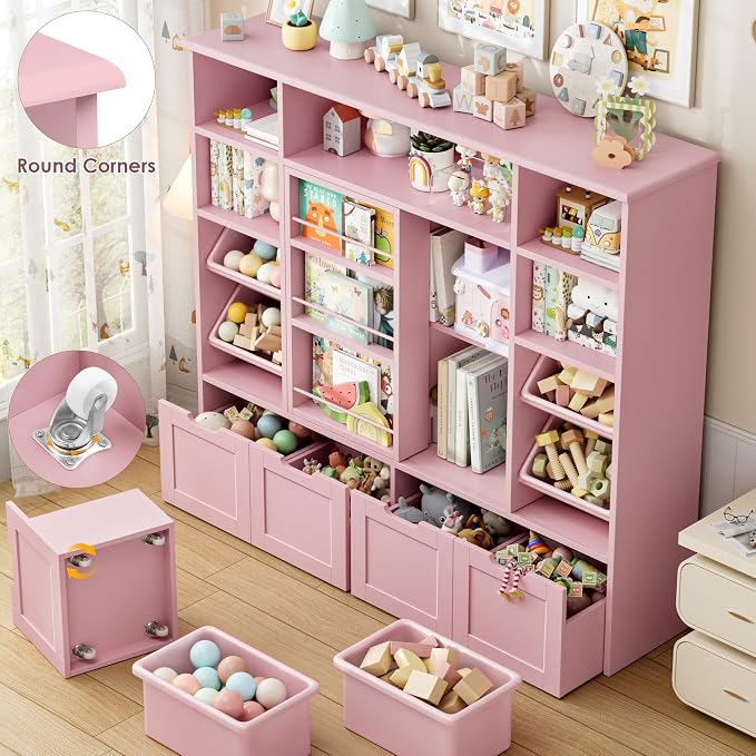 Toy Storage with Sliding Bookshelf, Toy Organizer with 4 Bins | 55.1’’ W Large Toy Storage Organizer Kids Bookshelf with 4 Movable Drawers, Toy Bins Playroom Storage for Kid Room, Pink - Image 6
