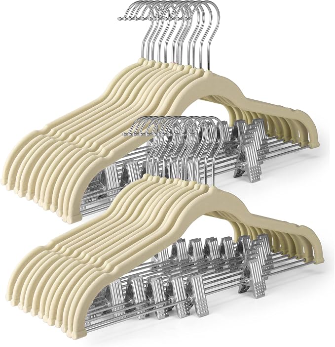 HOUSE DAY Skirt Hangers 24 Pack, Velvet Pant Hangers with Adjustable Clips | Beige, 0-15inch Movable Clips, Space Saving Slim Shorts Hanger, Heavy Duty Non Slip Clip Hanger for Pants, Skirts, Shorts by HOUSEDAY