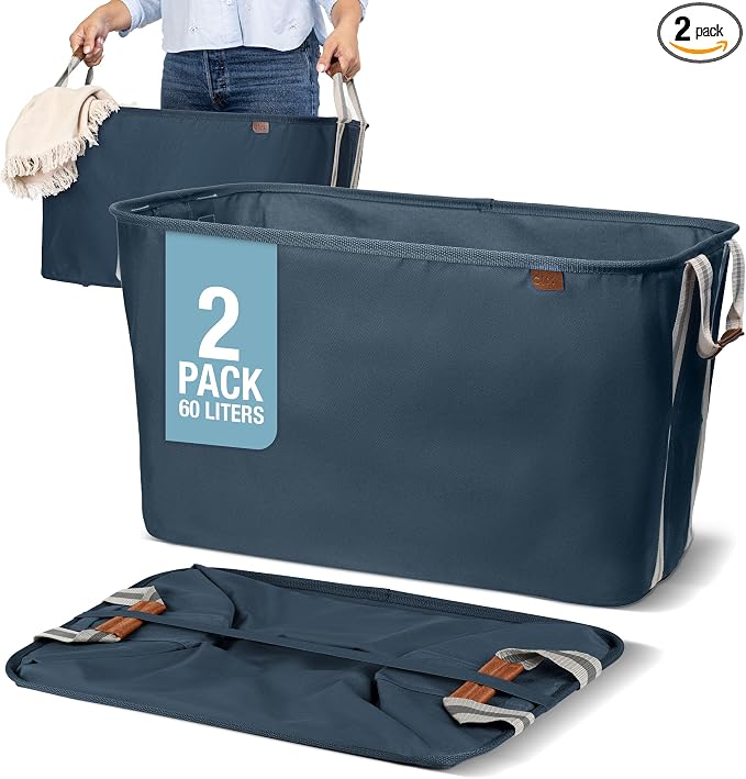 Collapsible Laundry Basket LUXE (300D) - Navy Noir/Cream (2PK) | Elevate Open-Room Laundry Storage | Refined Fabric and Vegan Leather Add Polish, While Each Basket Holds 55 lb by CleverMade