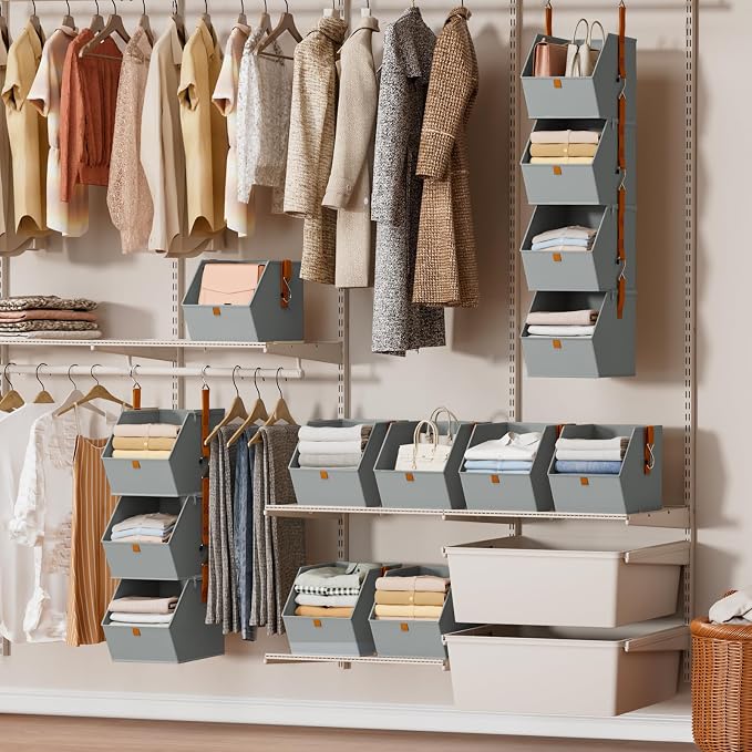Hanging Closet Organizer 4 Tier - Clothes Hanging Shelves, Space-Saving Closet System, Fabric Storage Bins Bedroom Organization, Collapsible Baskets for Home, Dorm, Rv, Grey - Image 3
