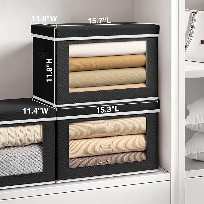 Stackable Storage Bins with Lids - Large Decorative Basket with Lids, Fabric Foldable Closet Organizer Bins, Shelf Organizer for Living Room, Dorm, 5 Pack, Black - Image 6