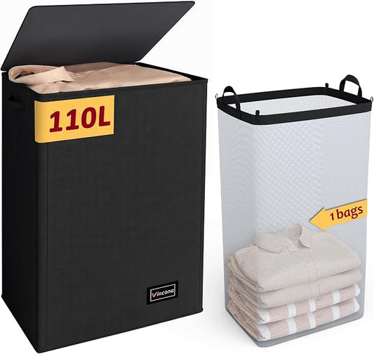 110L Laundry Hamper with Lid, Reinforced Sturdy Large Laundry Hamper with Handle and Lid, Collapsible Clothes Basket Organizer with Removable Liner Bag, Tall Dirty Clothes Bin for Dorm Bedroom by Vincona