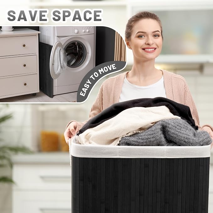 Aliphon 150L Laundry Hamper with lid, 3-Section Clothes Laundry Basket with Handles, Large Collapsible Bamboo Baskets for Bedroom, Bathroom, Dorm, Ink Black - Image 8