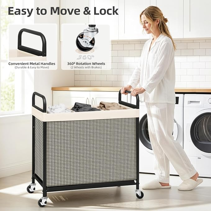 STORAGE MANIAC Rolling Laundry Hamper with Wheels 3-Section Laundry Sorter Rolling Laundrys Basket on Wheels with Removable Bag Clothes Hamper Laundrys Organizer Cart Bathroom Bedroom 120L Beige - Image 5
