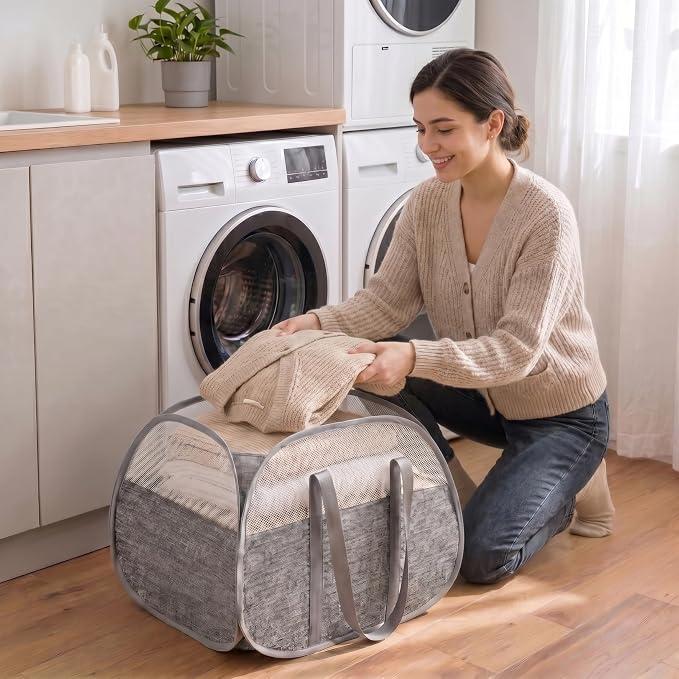 93L Collapsible Laundry Baskets Pop Up Laundry Hamper with Reinforced Handles Reliable Foldable Laundry Hamper for Laundry Room Kids Room (Large Grey) - Image 2