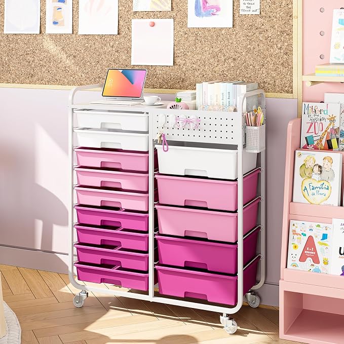 14 Drawer Rolling Storage Cart with Tabletop and Pegboard for Crafts Pink | Easy Setup, Large Capacity, Sturdy Build, Smooth Mobility, For classroom, office and dorm supplies - Image 9