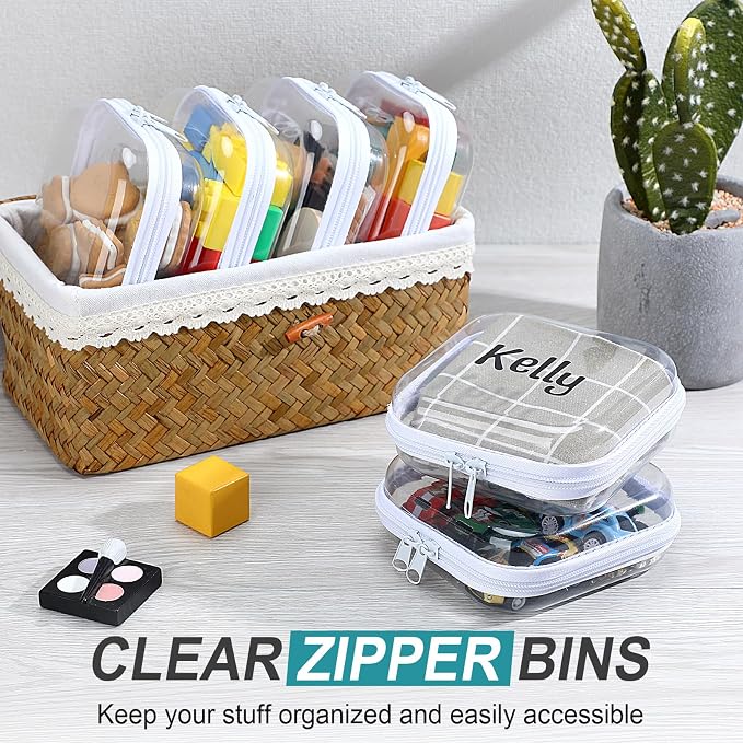 12 Pcs Clear Hard Zipper Case Back to School,5 x 5 x 2” | Plastic Zipper Pouch with 5 Sheets Alphabet Stickers Toy Storage Organizer Makeup Case for Travel Building Blocks Puzzles - Image 6