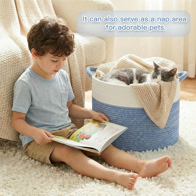 Artfeel 100L Large Cotton Rope Basket, Decorative Woven Blanket Storage for Living Room, Boho Toy Storage & Toy Box for Kids, Versatile Laundry Basket & Nursery Hamper for Blankets(DenimBlue) - Image 3