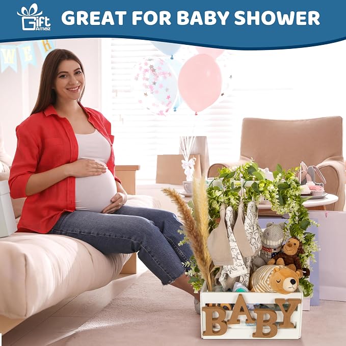 GiftAmaz White Wooden Baby Shower Crate Closet, Baby Storage Crate with Handle, Basket for Baby Shower Gifts, Welcome Gift Basket for Newborn Boys Girls, Pregnancy Gifts for New Parents - Image 2