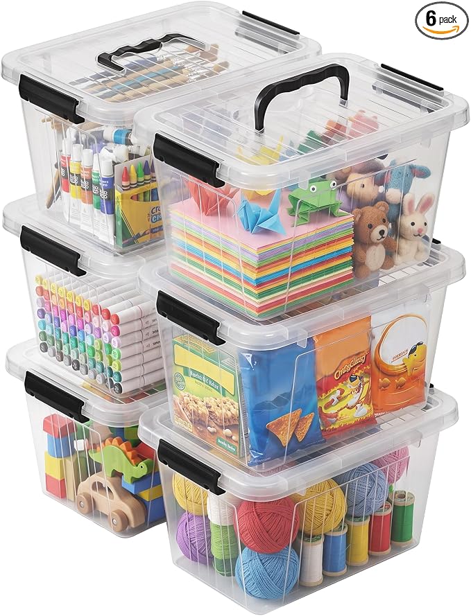 Citylife 7 Qt Clear Plastic Storage Bins with Lids and Handle Small 6 Pack | Stackable See-Through Craft Storage Box Latches Durable Containers Secure Pull Handle Organizing for Home Kitchen pantry by CITYLIFEHomeOrganization