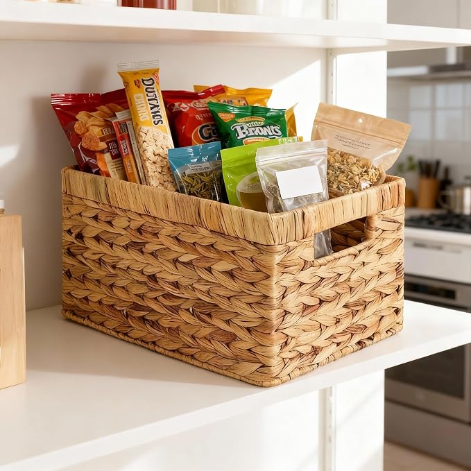 Water Hyacinth Wicker Storage Baskets for Shelves, Set of 4 | Shelf Baskets, Basket with Handle, for Pantry, Kitchen, Bathroom, Closet Storage, 13x8.25x7in - Image 6