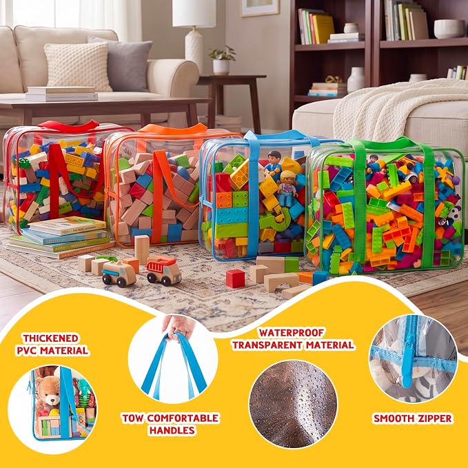 4 Pack Extra Large Clear Toy Storage Bags, 14x18x7 in, Multicolor | Thick PVC Organizer Bags, with Zipper Handles, Ideal for Blocks, Puzzles, Stuffed Animals and Playroom Organization - Image 3