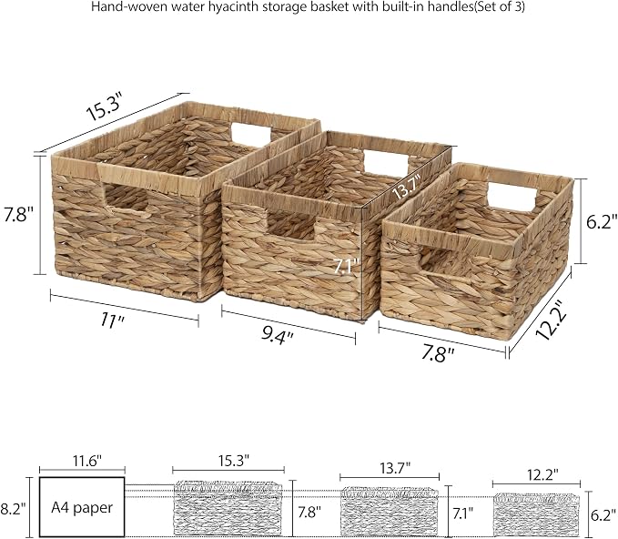 Storage Baskets,Woven Natural Water hyacinth Box with Handle,Kingwillow.(Set of 3) - Image 8